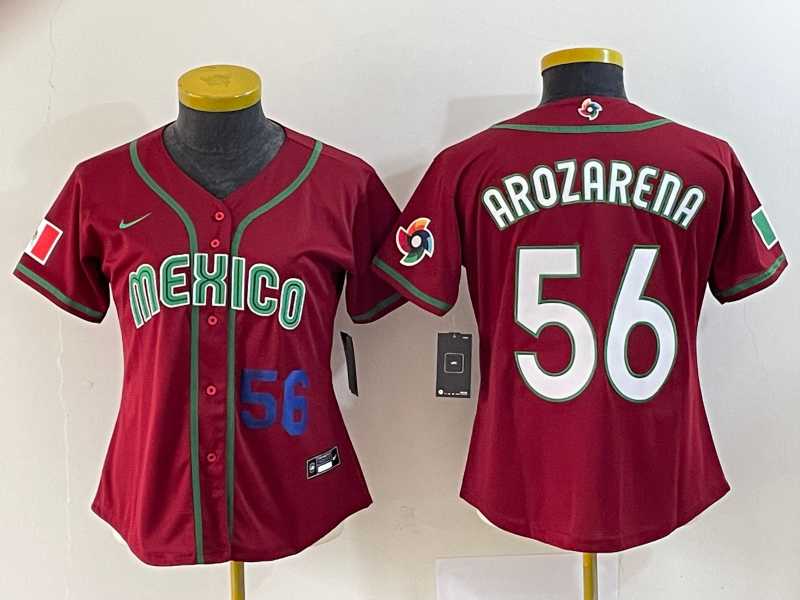 Women%27s Mexico Baseball #56 Randy Arozarena Number 2023 Red World Classic Stitched Jersey 4